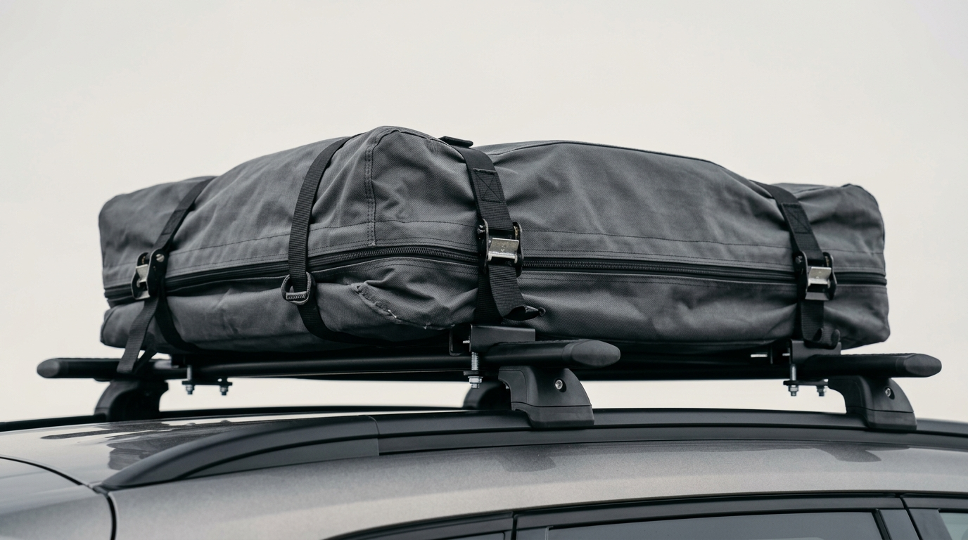 Close-up of a roof top tent mounting system on crossbars