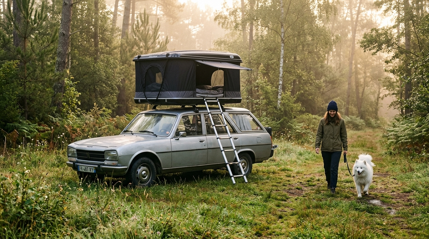A woman walking a dog next to her roof top tent