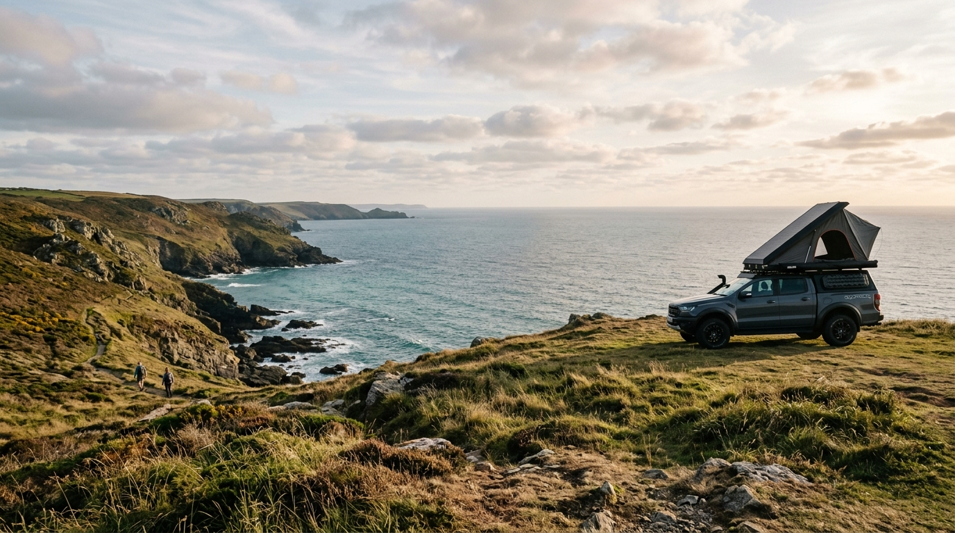 A car parked next to the sea with a roof top tent unfolded