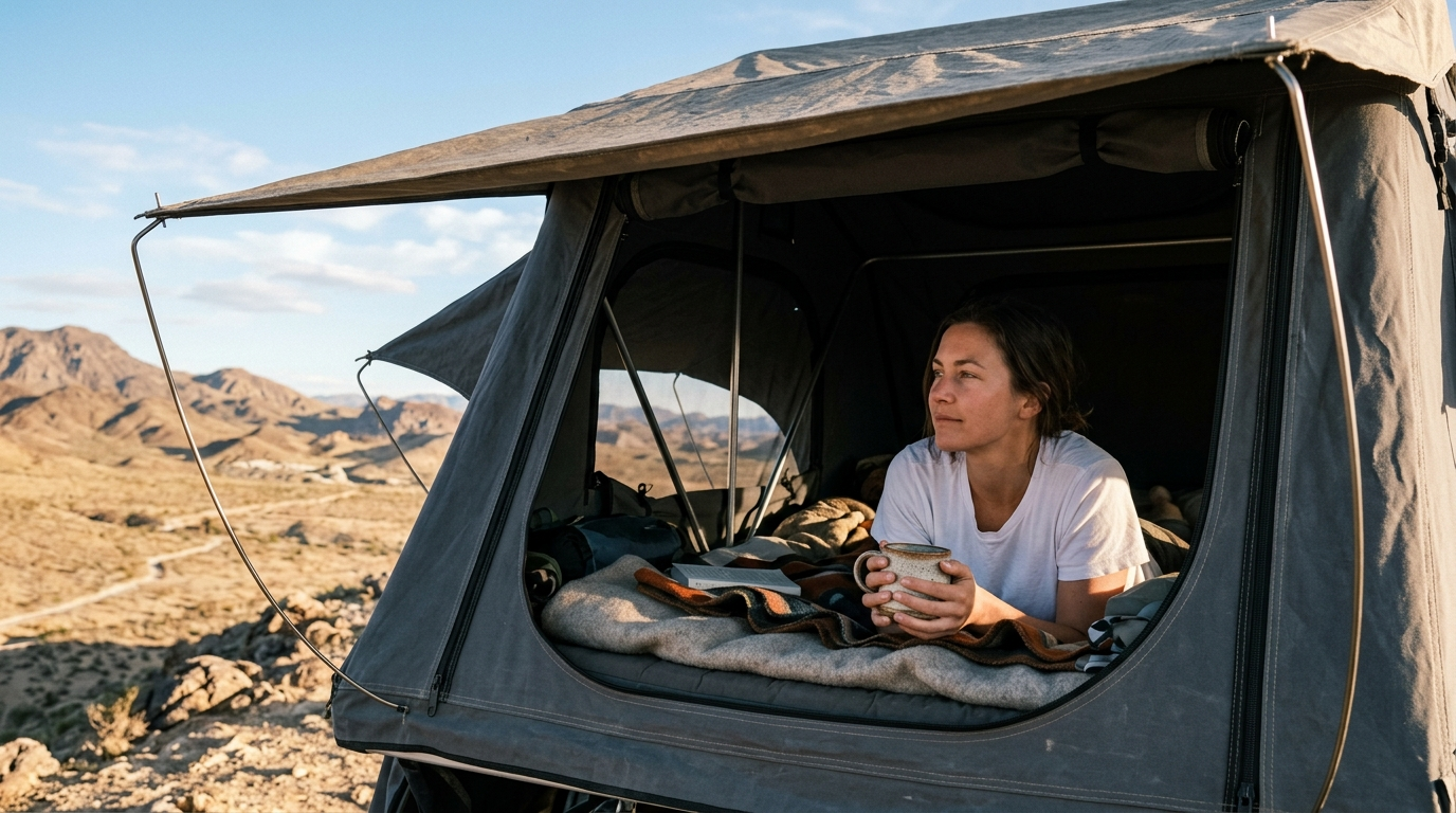 A woman in a roof top tent in the desert