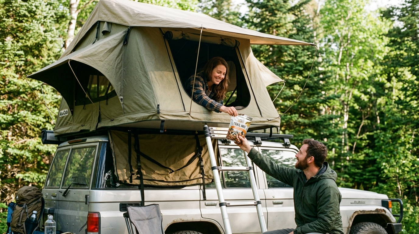 A woman in a roof top tent with a man outside